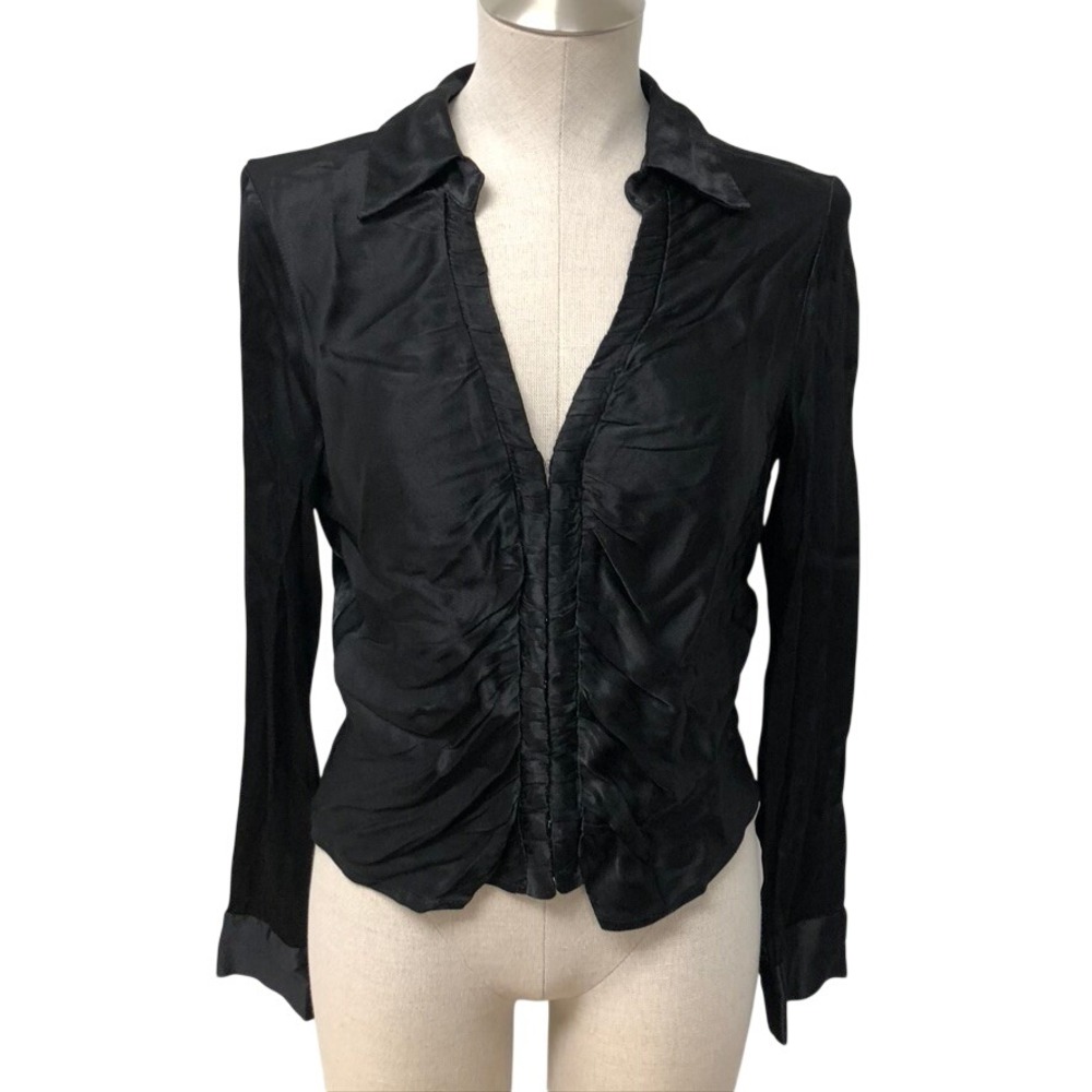 ASTR The Label Blouse Womens M Adult Black Ruched Hook Eye Long Sleeve Satin